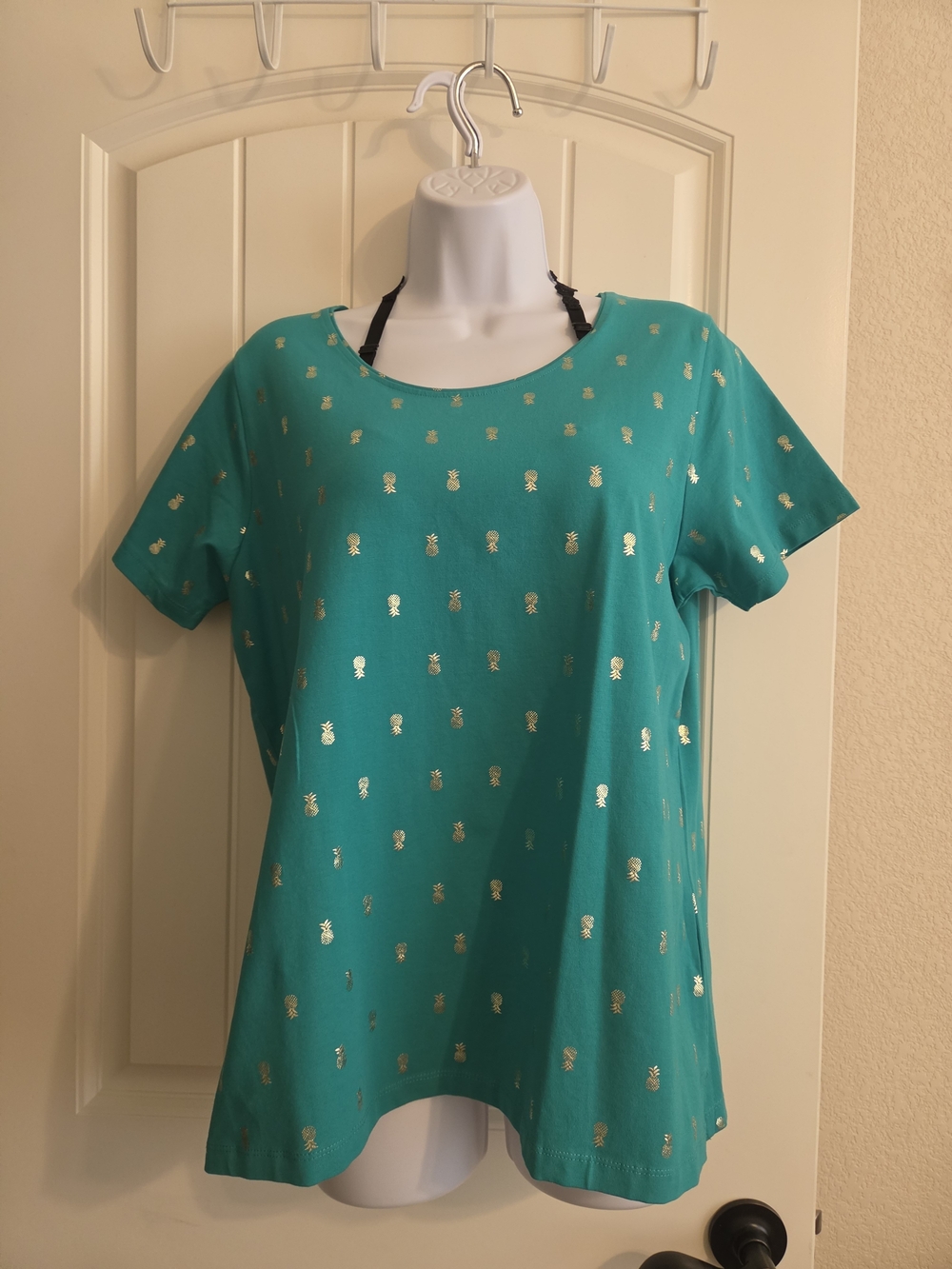 Allison Daley Teal Short Sleeve Top with Gold Pineapple Print